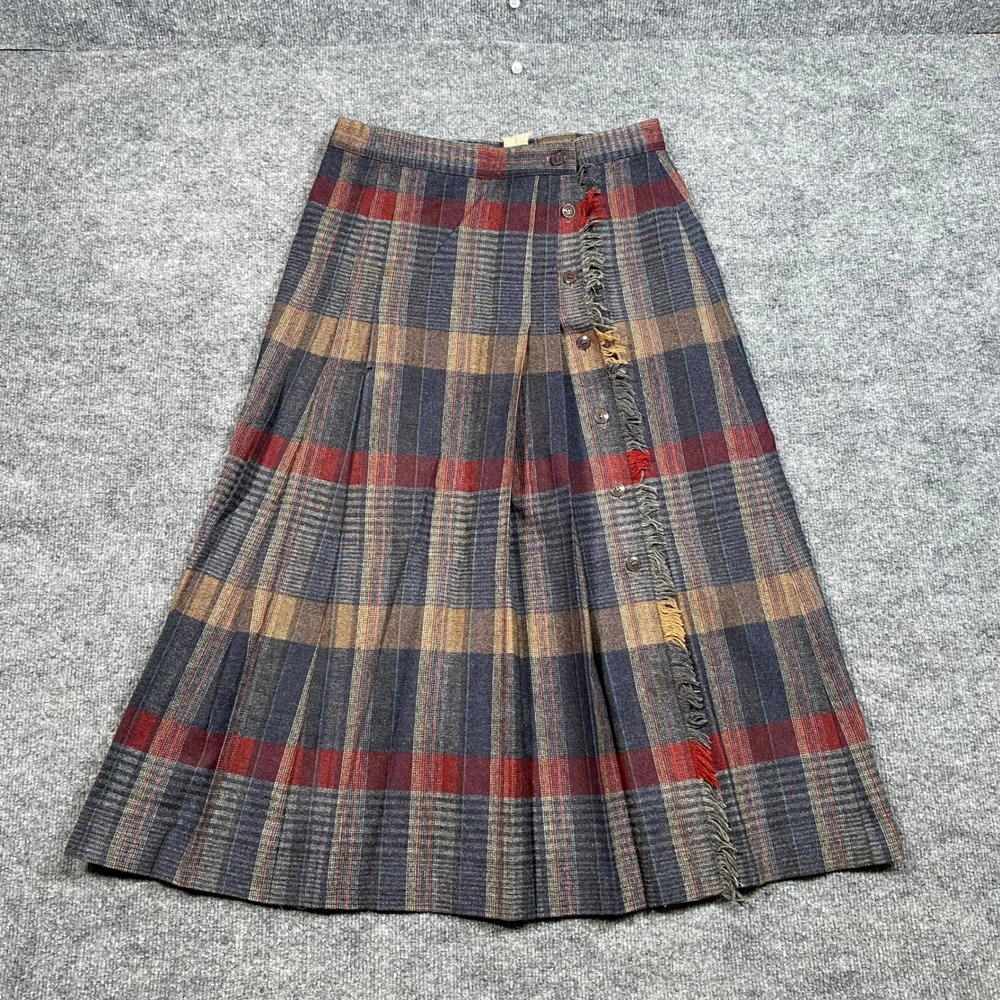 Vintage Pan-Her Plaid Pleated Midi Skirt Blue Red Fringe Side Button USA Made